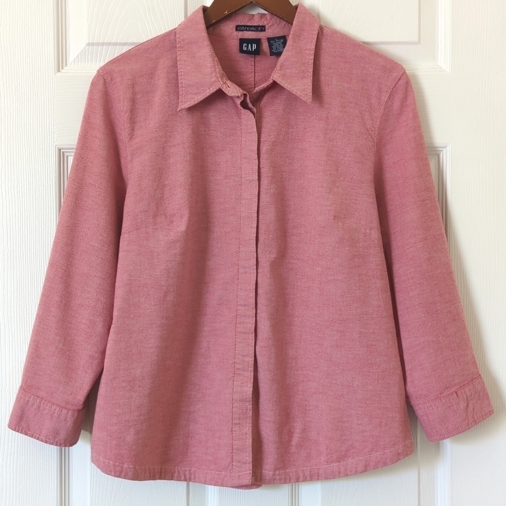 Gap Y2K Vintage Classic Stretch Slim Fit Quarter Sleeve Button Down Shirt Red L